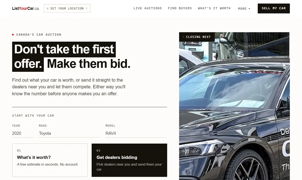 The ListYourCar homepage