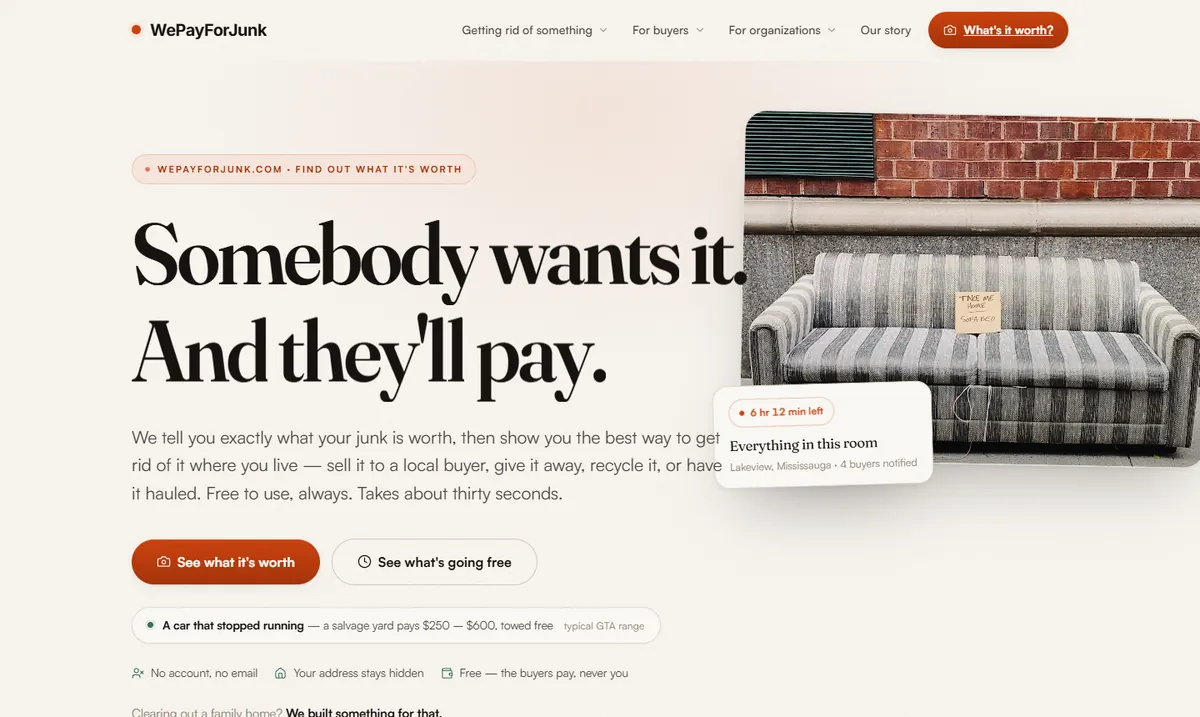 The We Pay for Junk homepage
