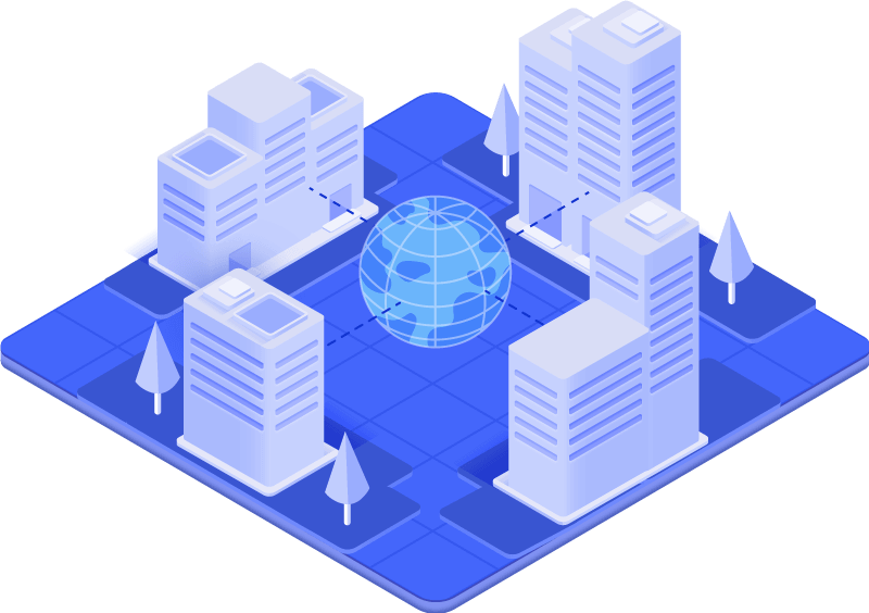 Isometric illustration of connected commercial buildings around a globe